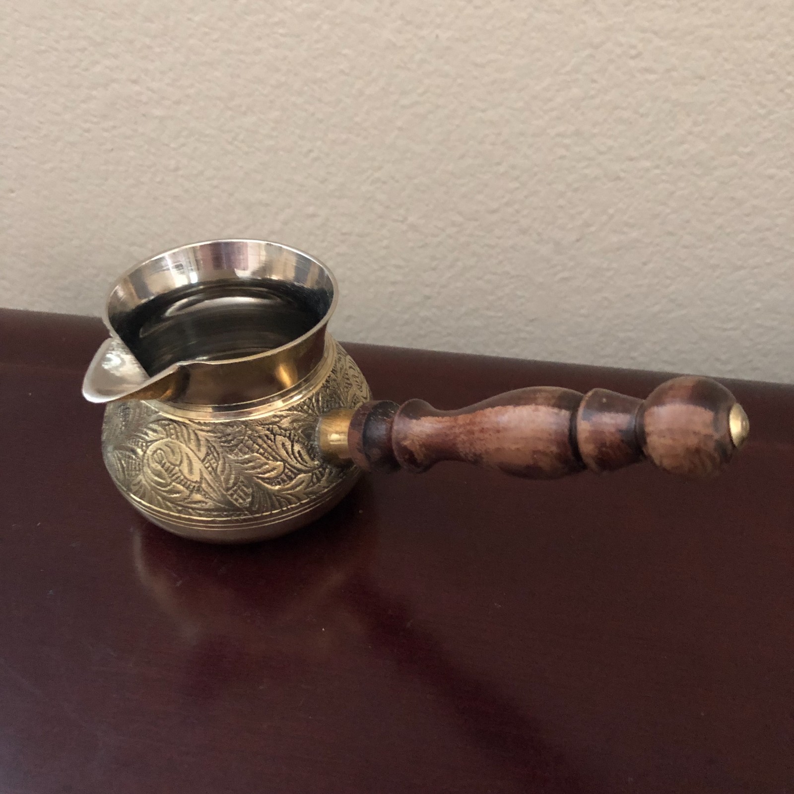 Vintage Hammered Brass Turkish Coffee Tea Kettle Wood Handle Leaf Pattern