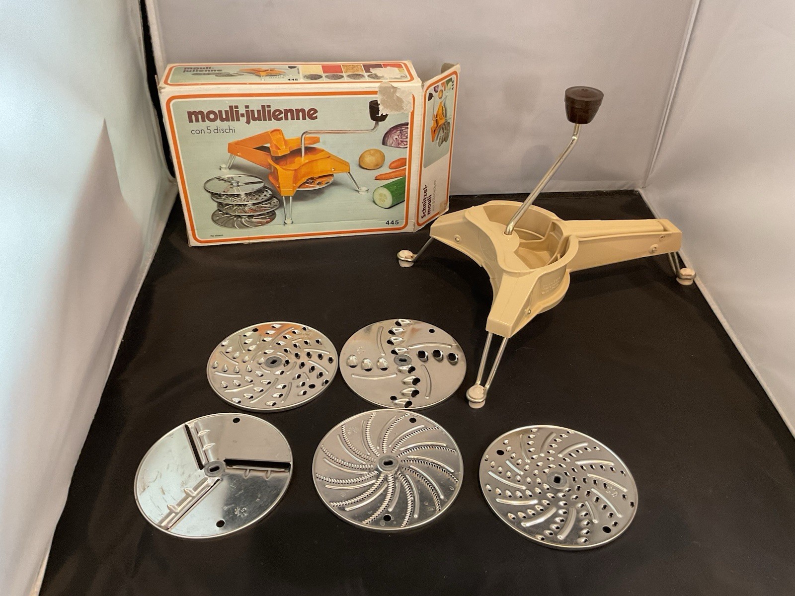 Vintage Moulinex Mouli-Julienne Slicer Grader Model 445 | Original Box & 5 Discs