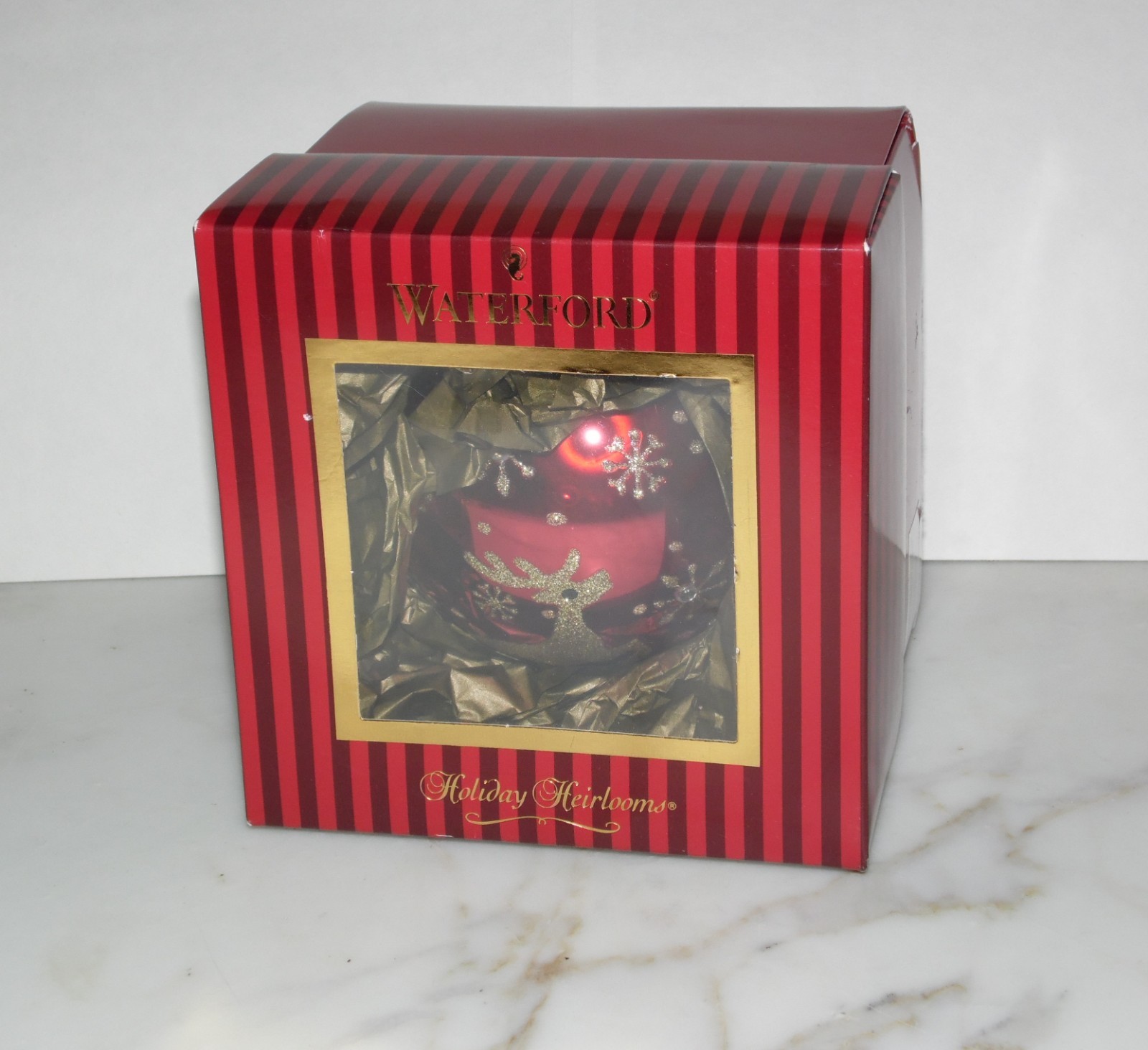 Waterford Holiday Heirloom Red Glass Ball Christmas Ornament Reindeer