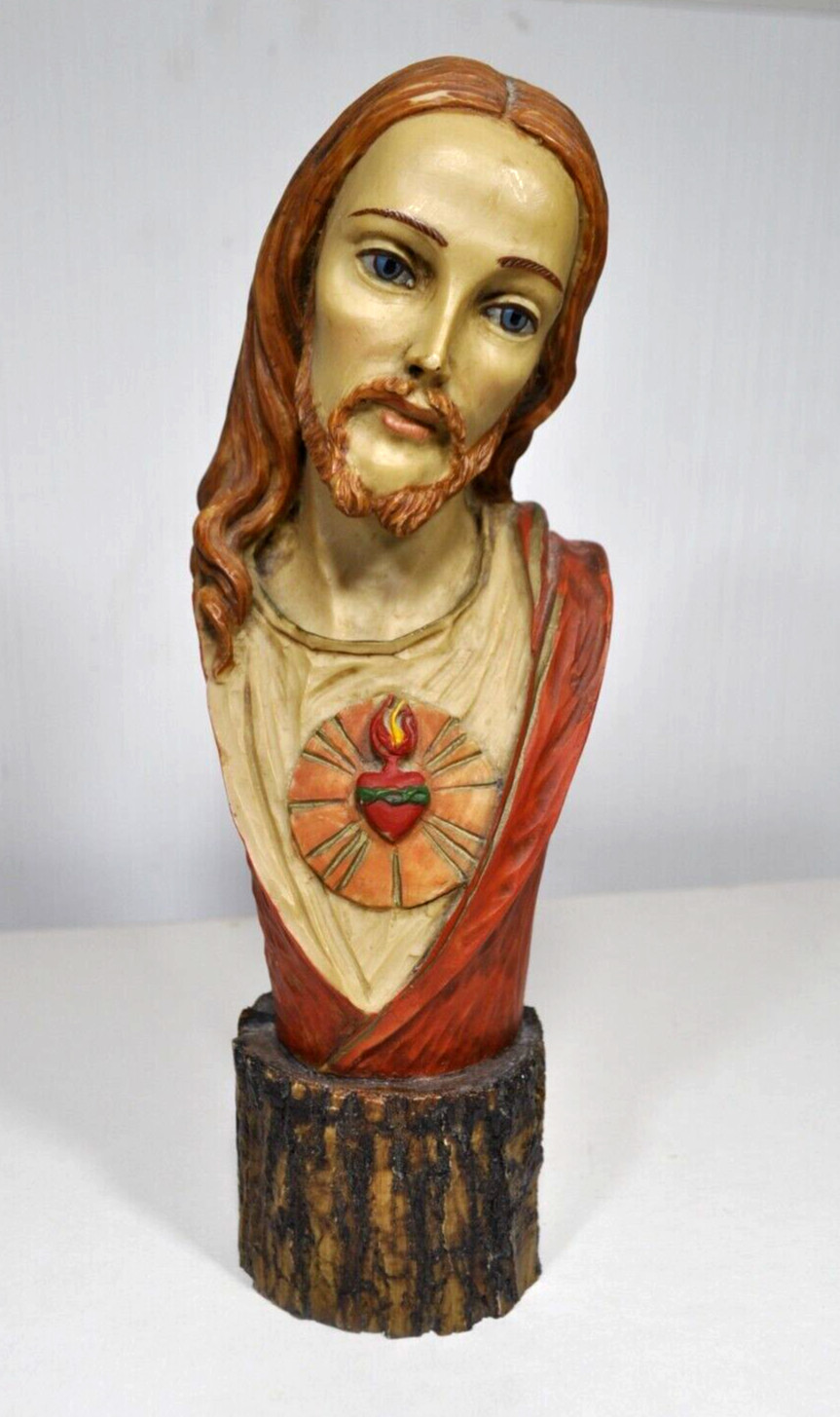 Jesus Statue on Tree Bark Base 10″ Tall Vintage Resin Figurine RR Roman Italy