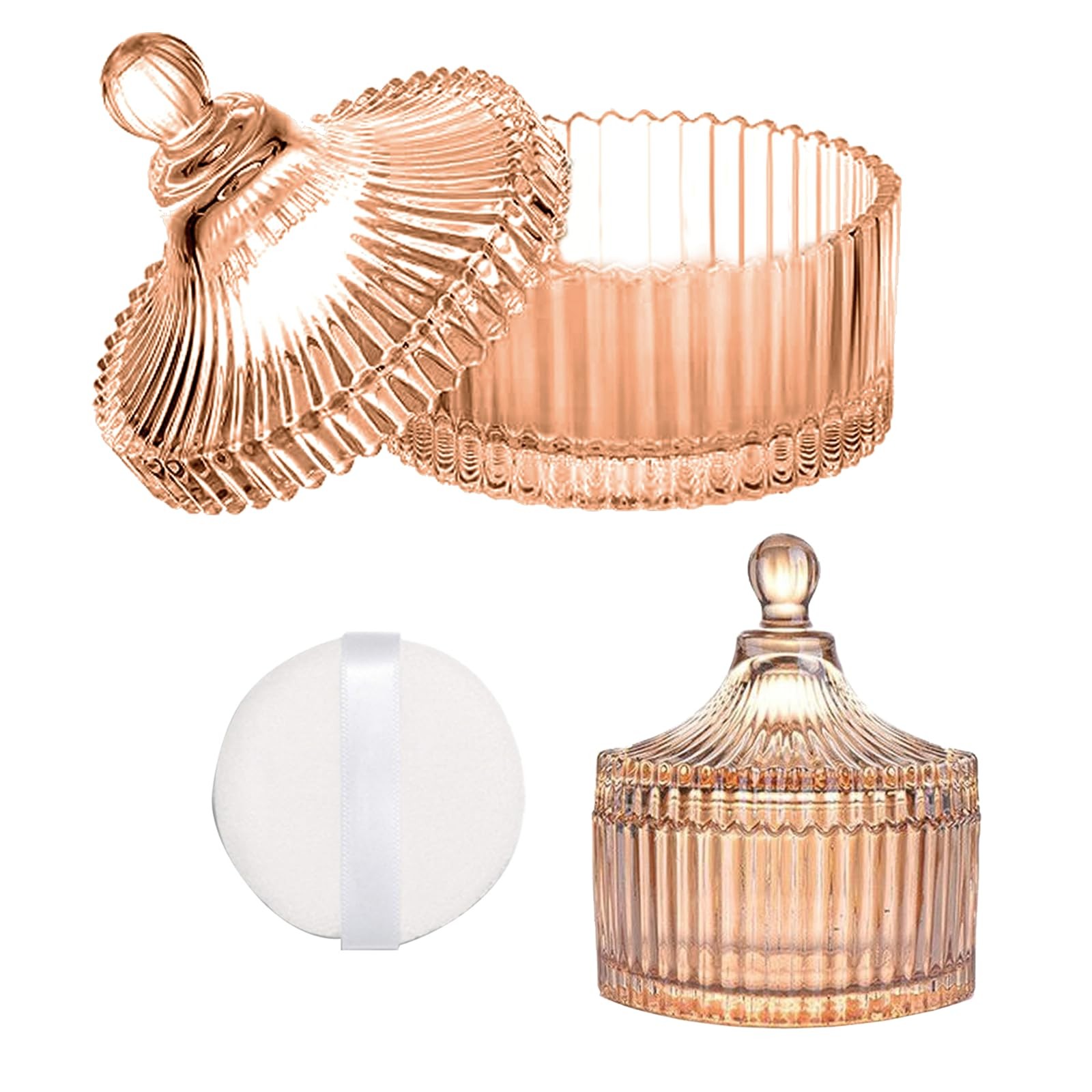 Body Powder Puff and Container, Soft Puff,Glass Box for Dust champagne