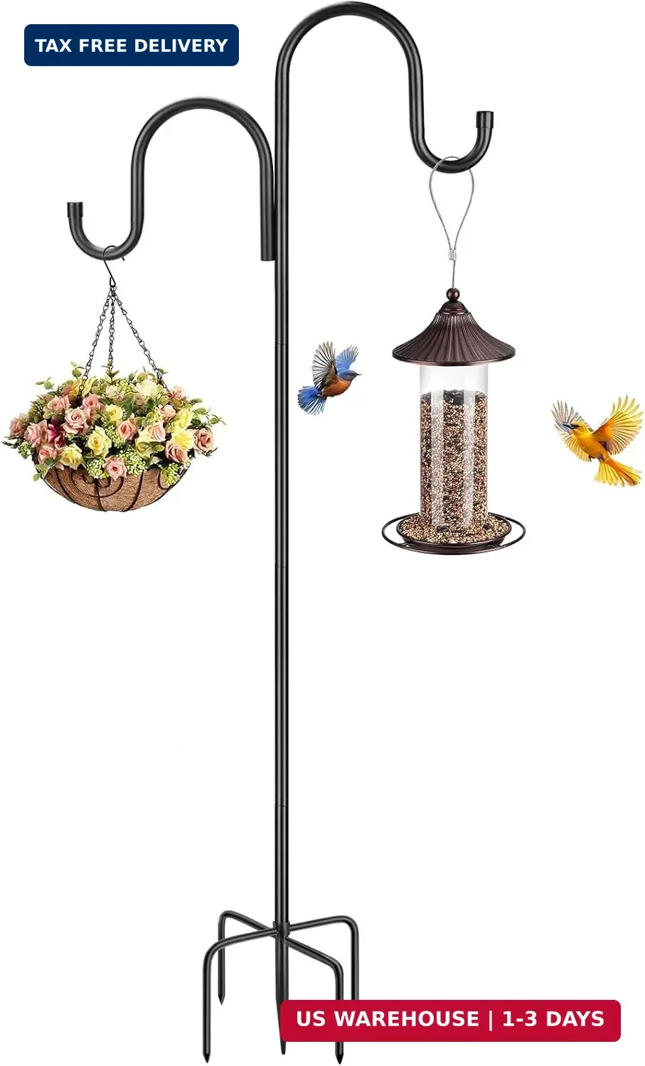 79 Inch Double Shepherds Hooks for Outdoor, Heavy Duty Bird Feeder Pole with 5 P