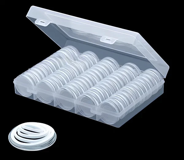 100 PCS 30MM Clear Round Coin Capsules Plastic Coin Holders &White Gaskets & Box