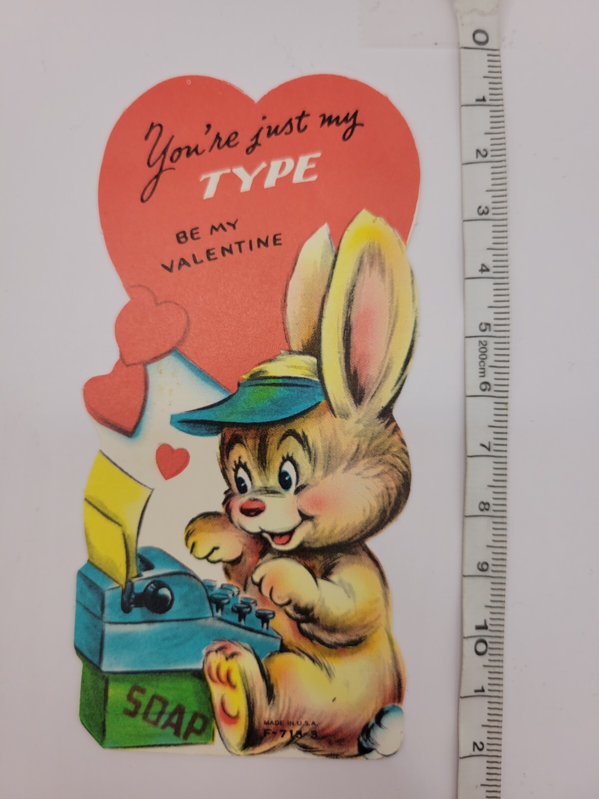 Vintage Valentine Kitschy White Bunny Rabbit Type Writer Soap Box Card USA