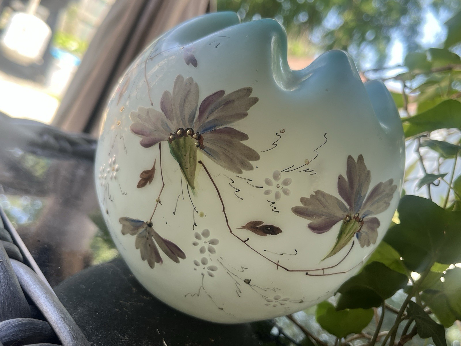 Blue White Antique Bohemian Rose Bowl Vase Hand Painted Flowers