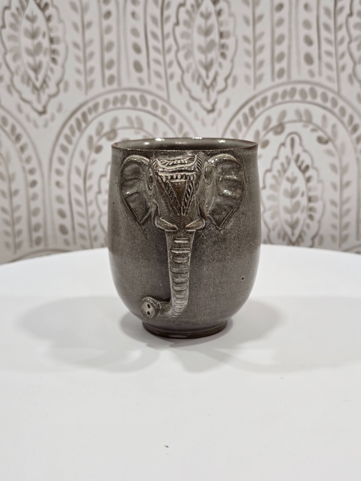 Vintage Cambodia Khmer Handmade Stoneware Ceramic Mug Elephant Hand Thrown
