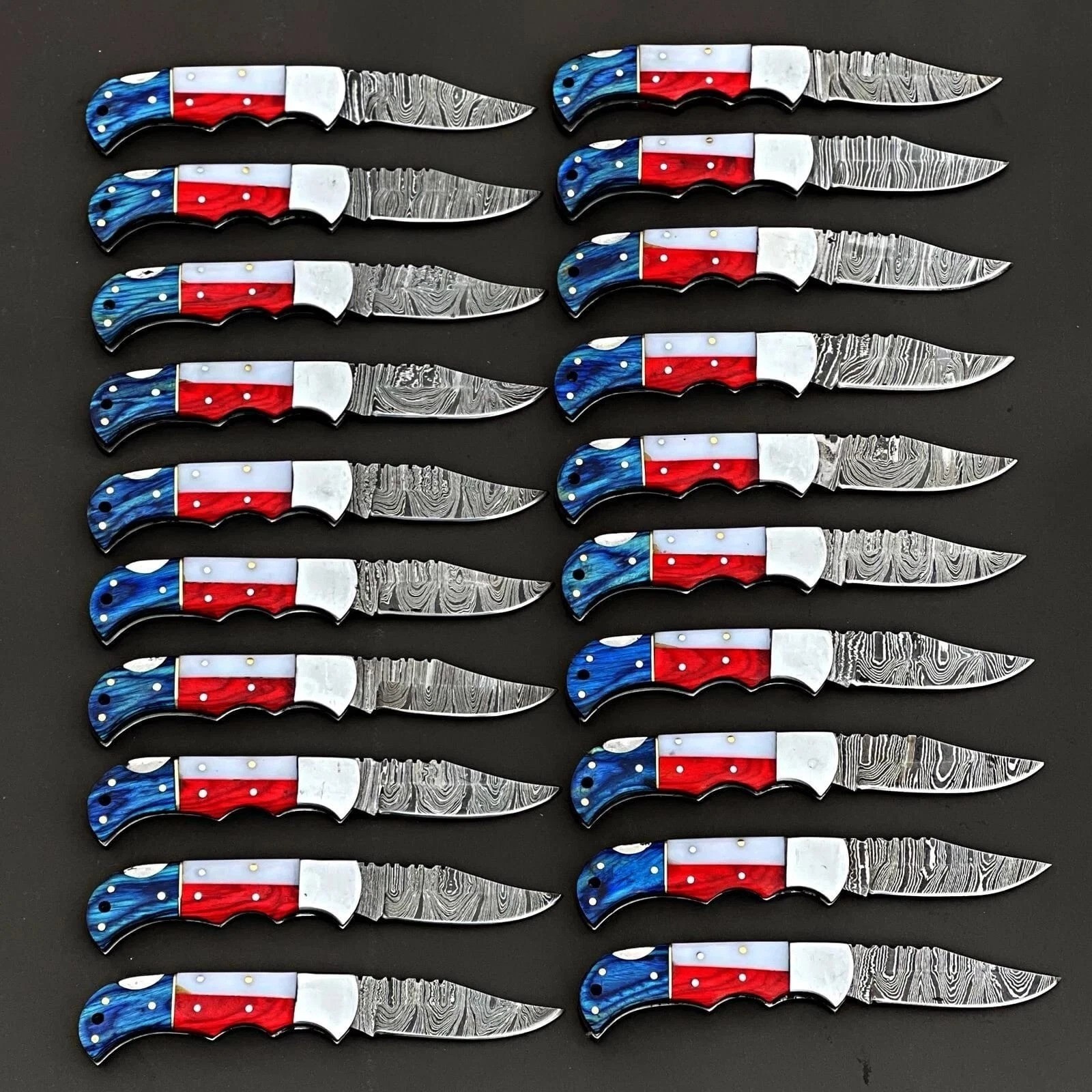 LOT of 20pcs, Damascus Steel American Flag Handle Folding Knives With Sheaths