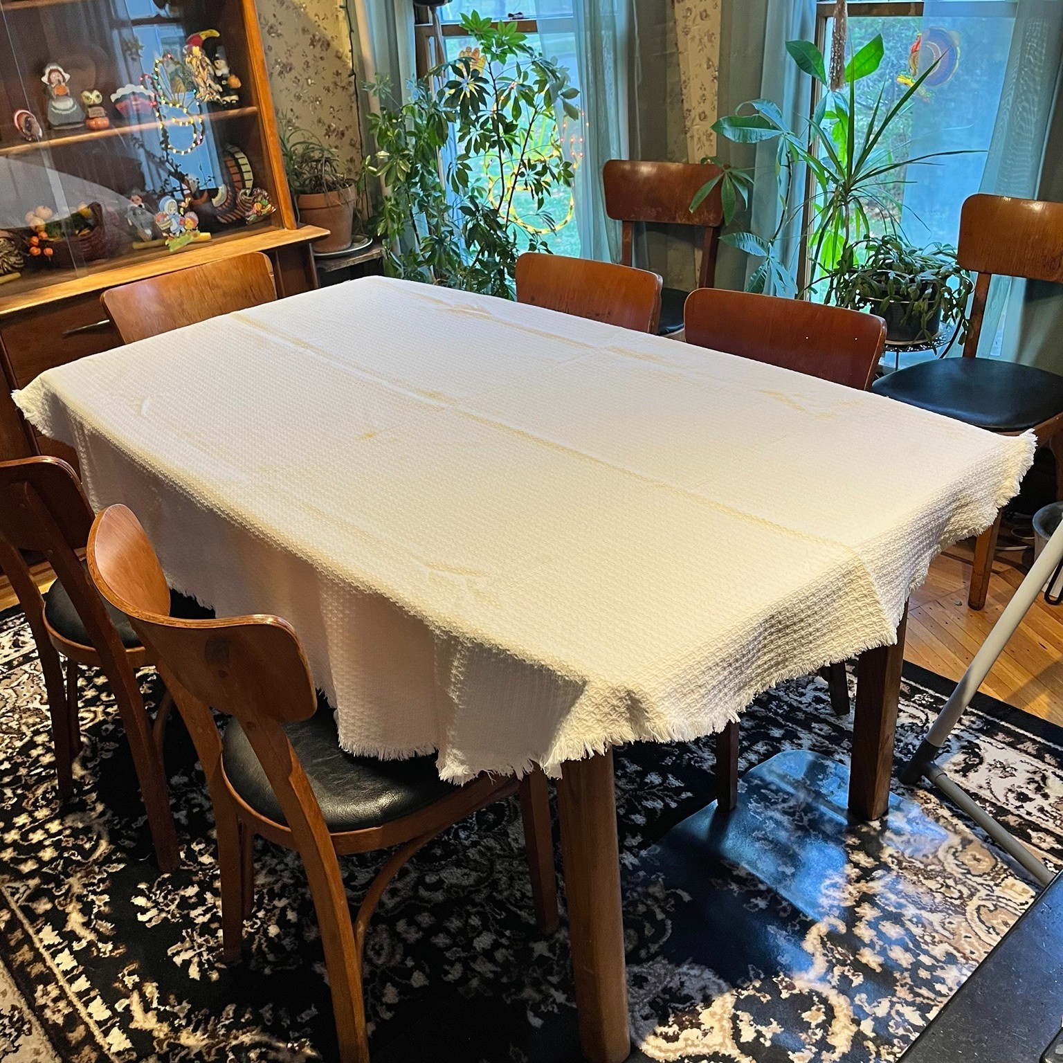 VTG Homespun Cotton Texture Fringe Tablecloth White 78″ Farmhouse Rustic Cottage