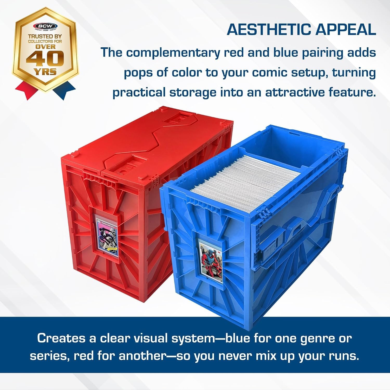BCW Red & Blue Short 2 Pack Comic Bin Set | Plastic Comic Book Box Storage