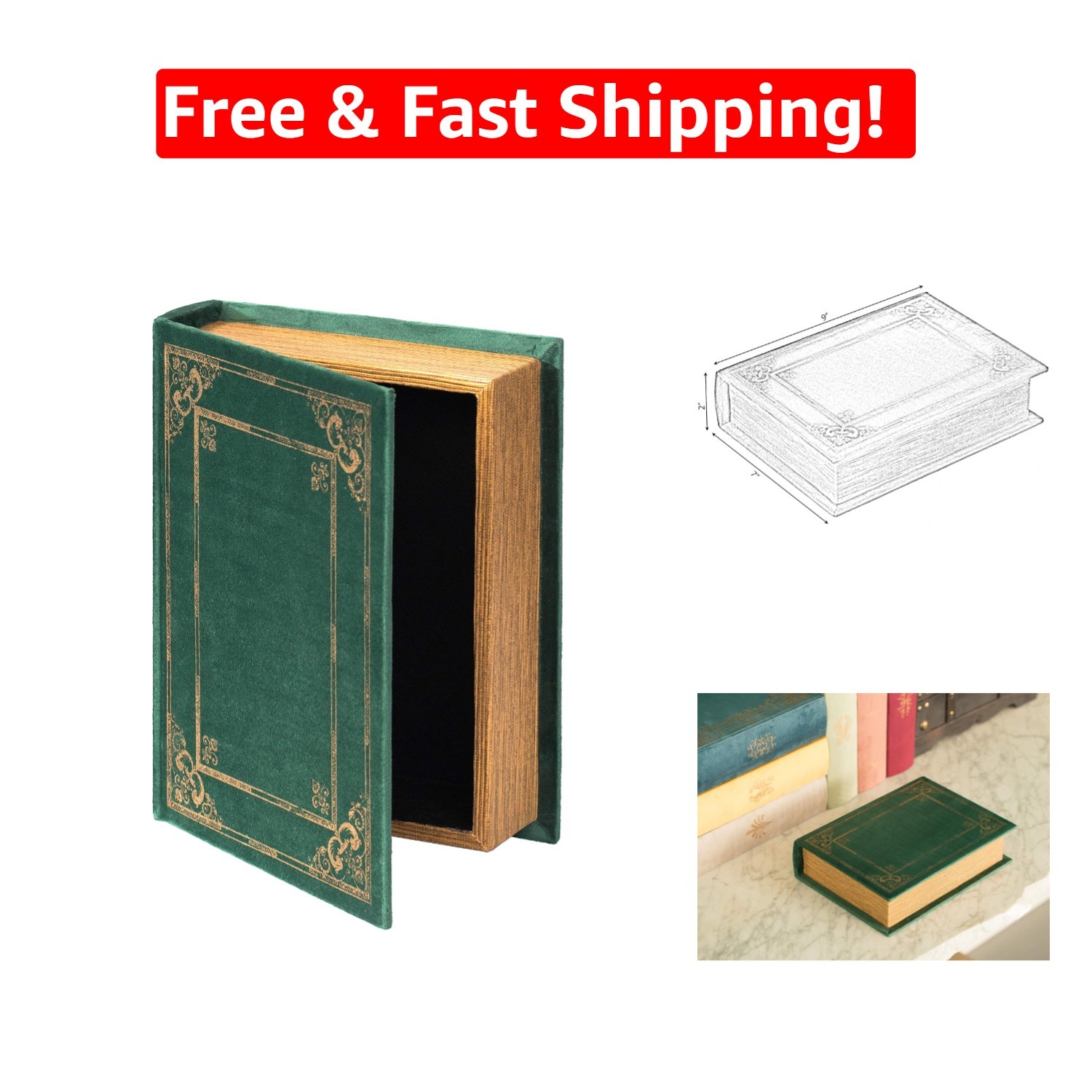 Stylish Green Decorative Book Box – Stackable Trinket Organizer 7″ W x 9″ H