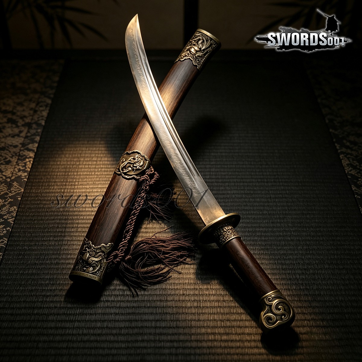 Folded Steel Qing Style Dao Broadsword Antique Bronze Dragon Tiger Fitting Sword