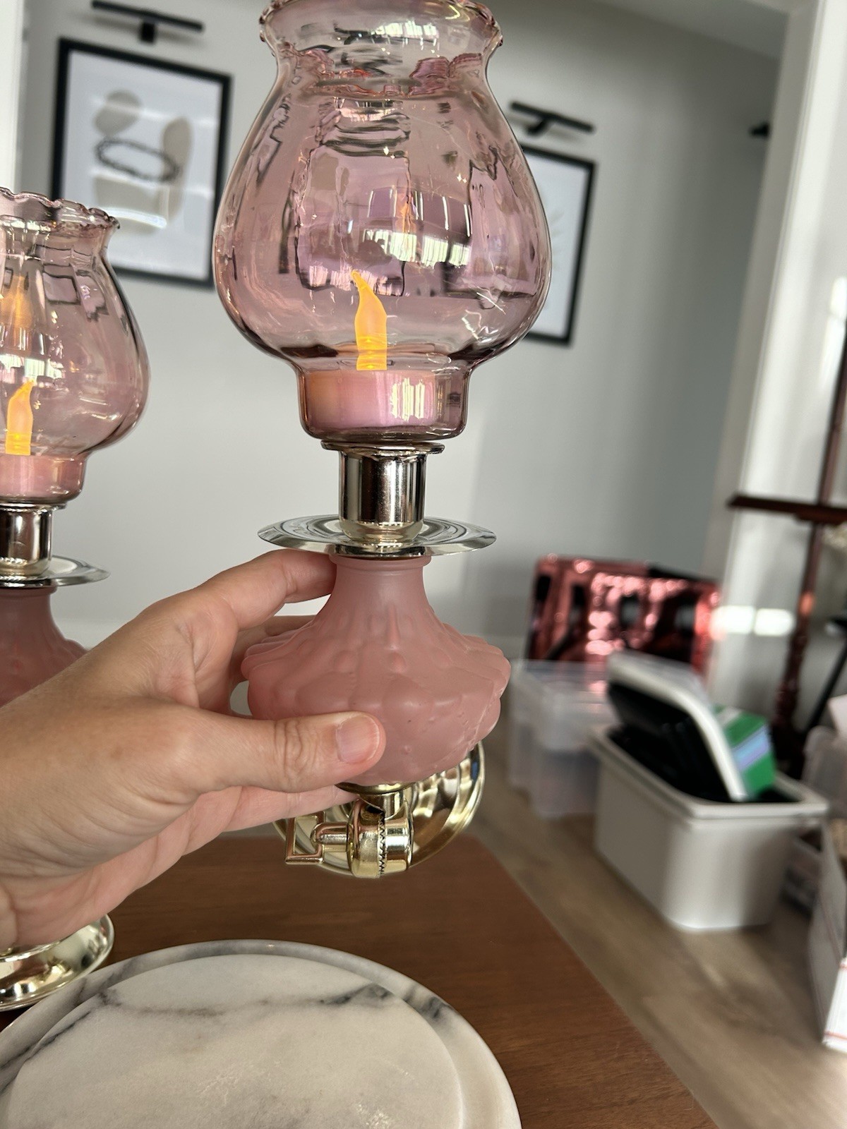 Vintage Pink Frosted Candlestick/sconce Pair