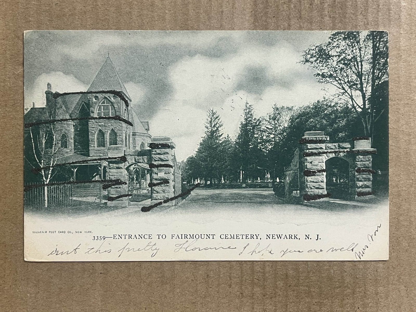 Postcard Newark NJ New Jersey Fairmount Cemetery Entrance Glitter 1905 UDB