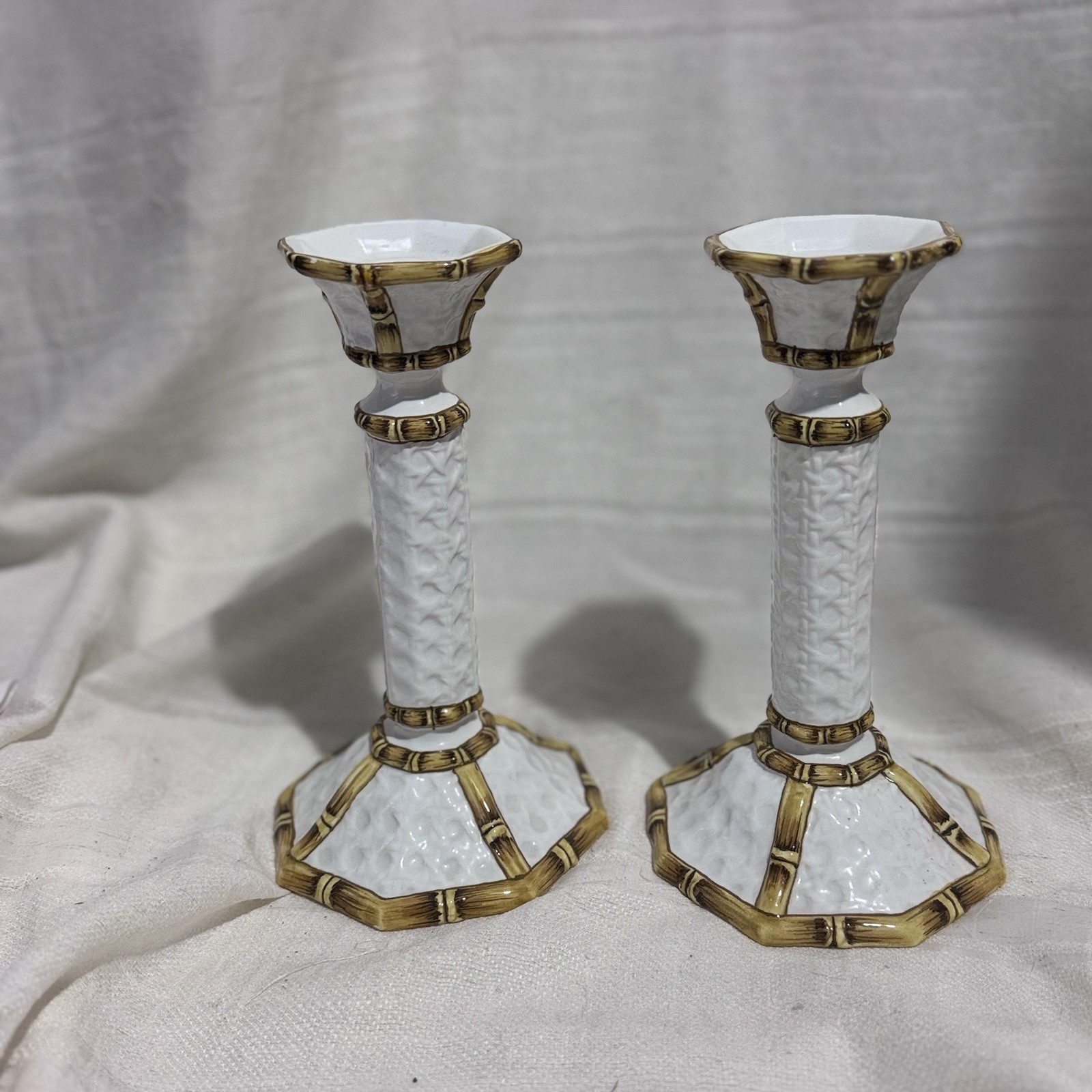 VTG Pair Faux Bamboo Meiselman Imports Majolica Candle Holders Hollywood Regency