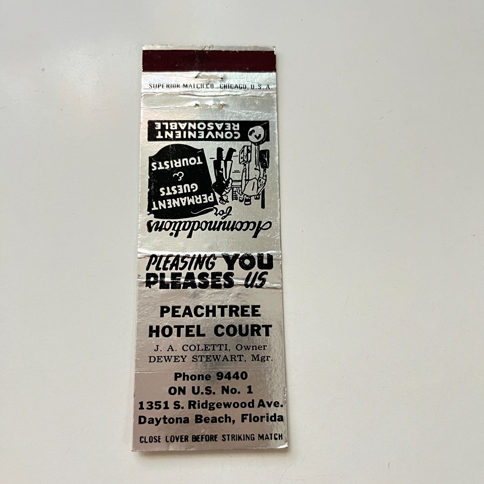 Peachtree Hotel Court J Coletti Daytona Beach FL Vintage Matchbook Cover TMB92-3