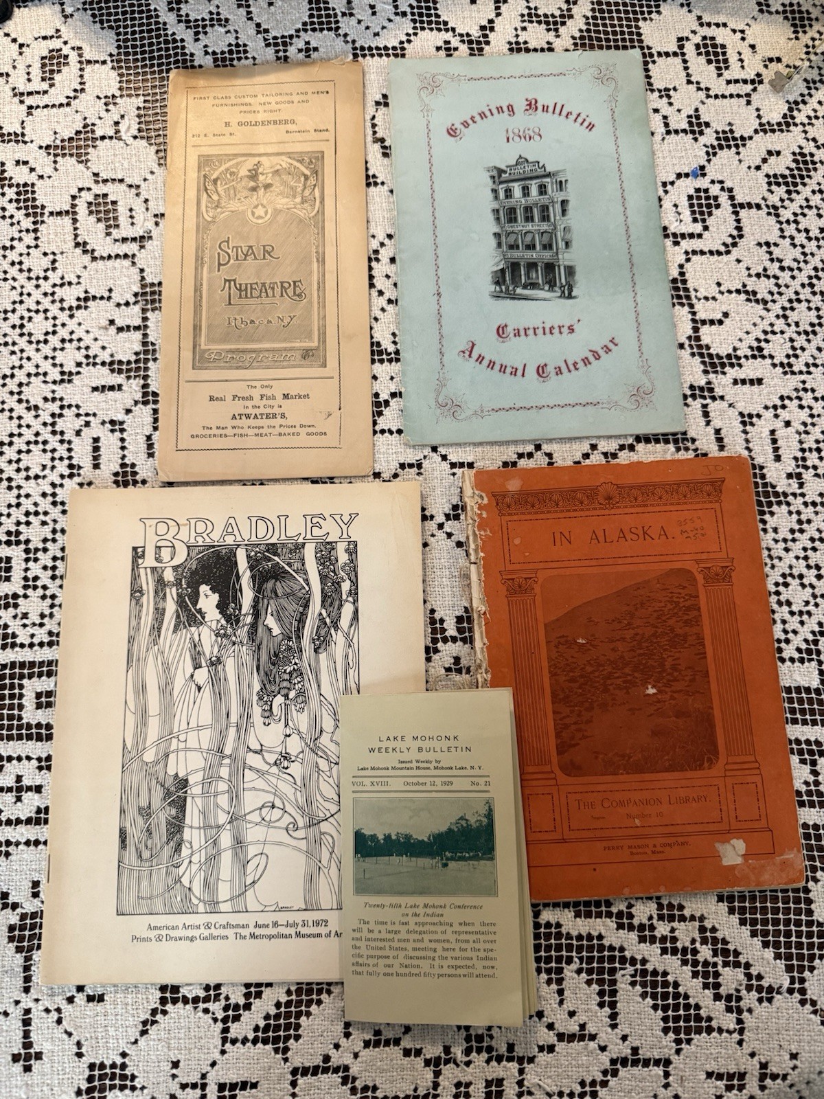 Assortment of Vintage Brochures”In Alaska”1897-Carriers Annual Calendar 1868 +
