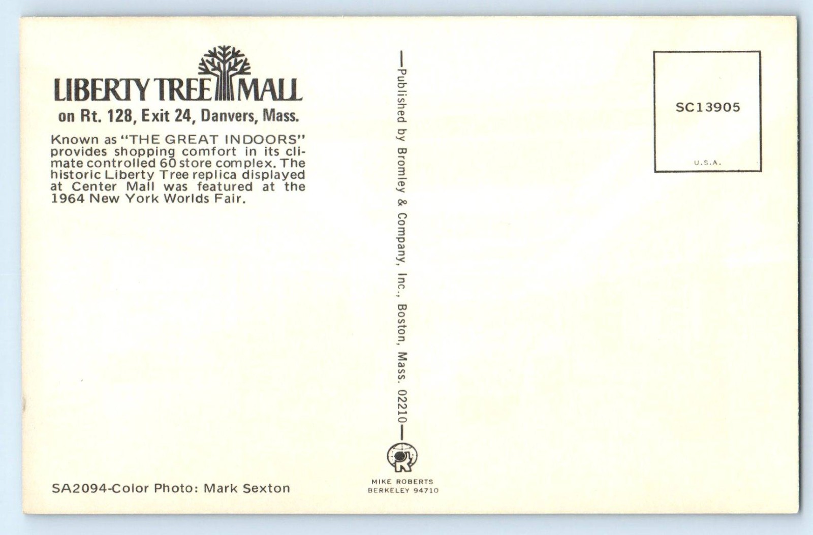 1960 Danvers Massachusetts Postcard Liberty Tree Mall Great Indoors Worlds Fair