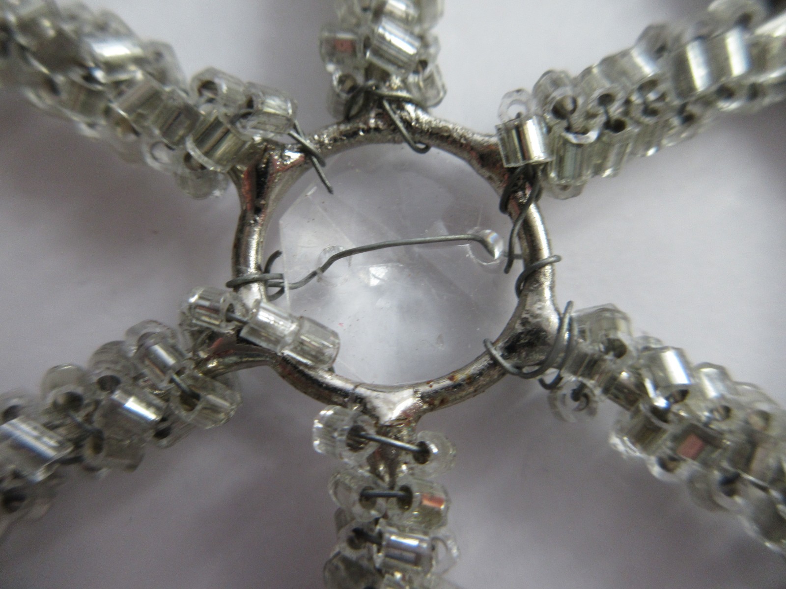 Glass & Crystal Beaded Silver Metal Snowflake Christmas Ornament 6” Lot of 2