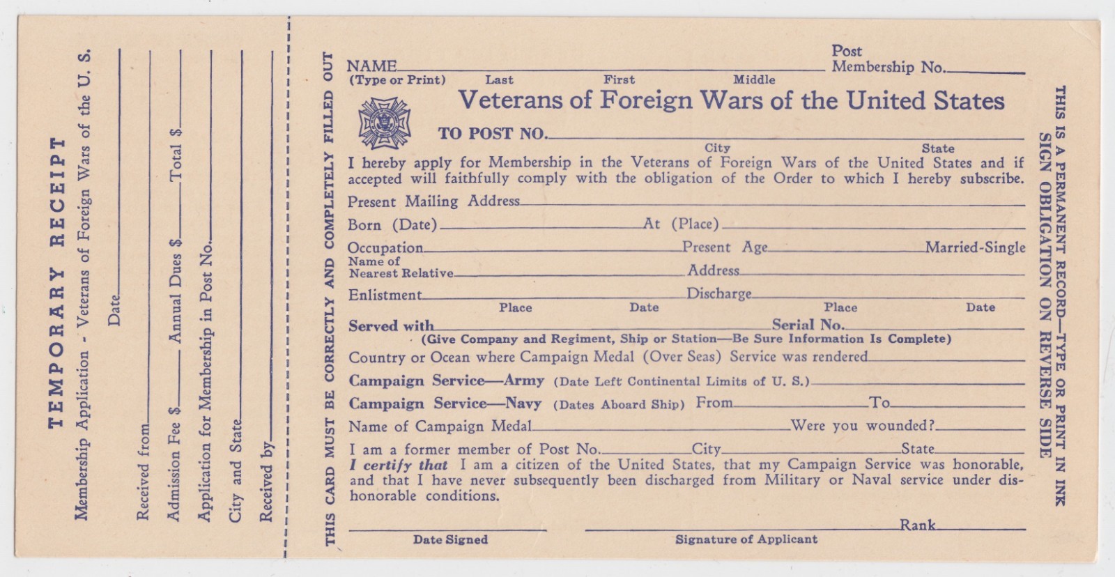 Vintage VFW Member Application Card Veterans of Foreign Wars Paperwork