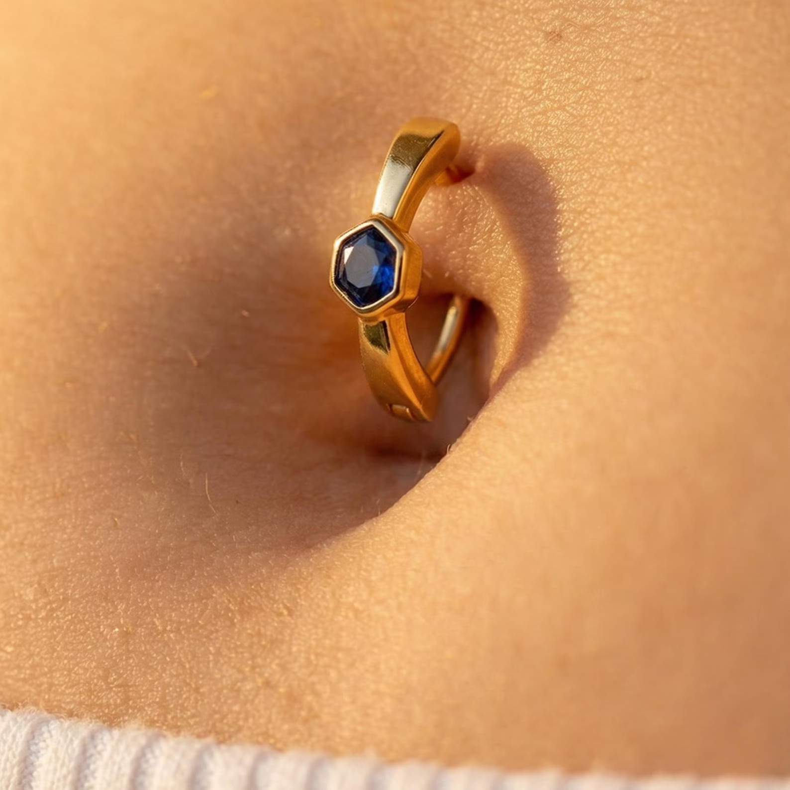 14K Yellow Gold Over Belly Button Ring • Blue Gemstone Navel Hoop Piercing 1PC