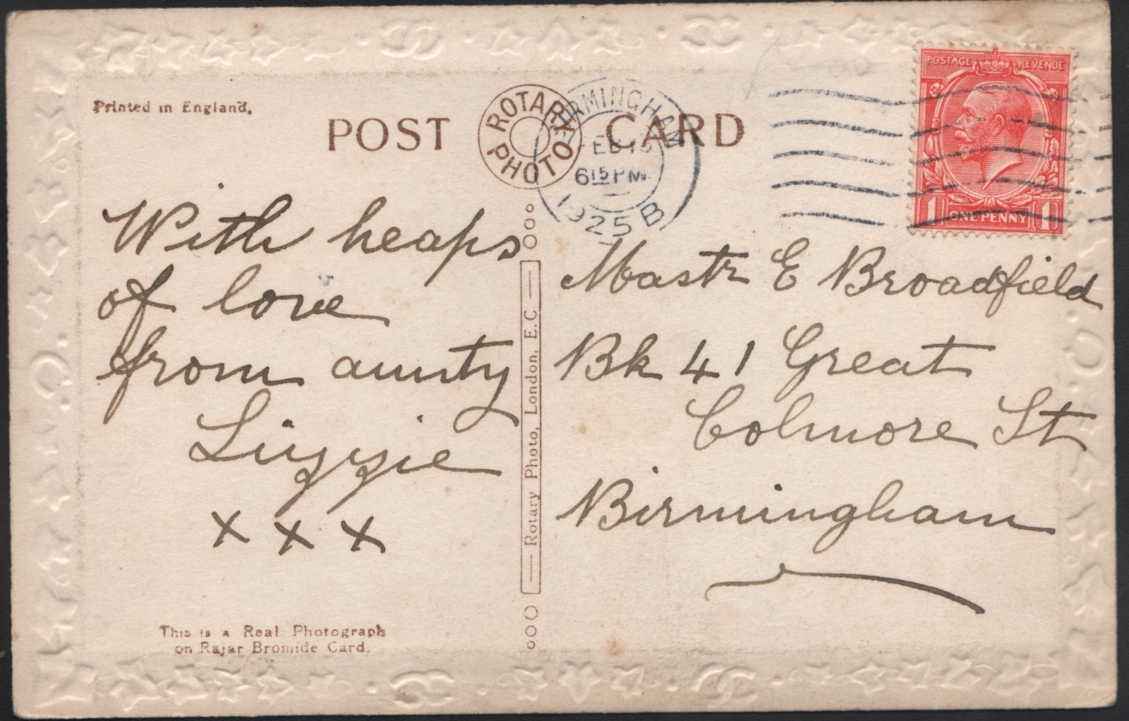 1925 Rotary Photo Embossed Birthday Wishes Postcard Boy Castle King George V