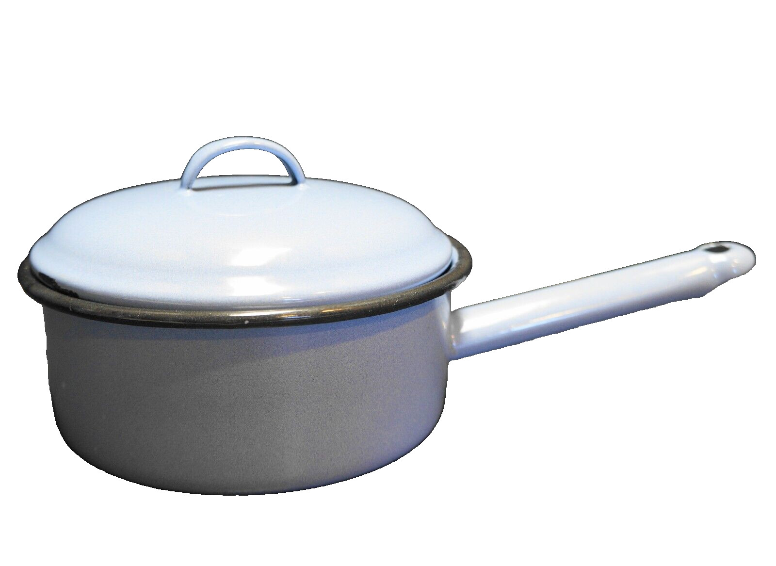 Light Blue Black Trim Enamel Saucepan 1950s