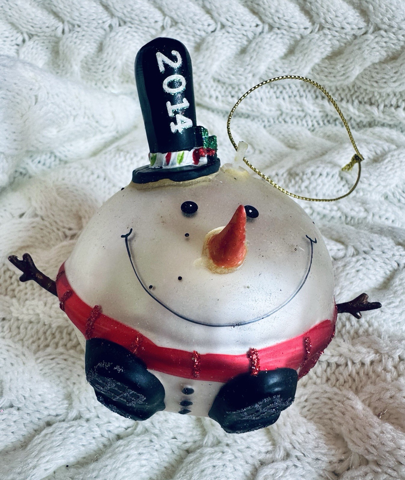 Michaels 2014 Snowman Glass Hand Painted Christmas Ornament