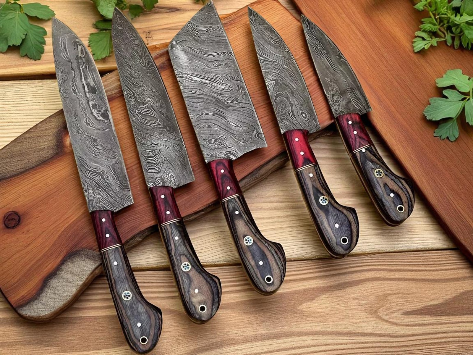Damascus Chef Knife Set 5PC Handmade Kitchen Knives with Leather Sheath – Gift