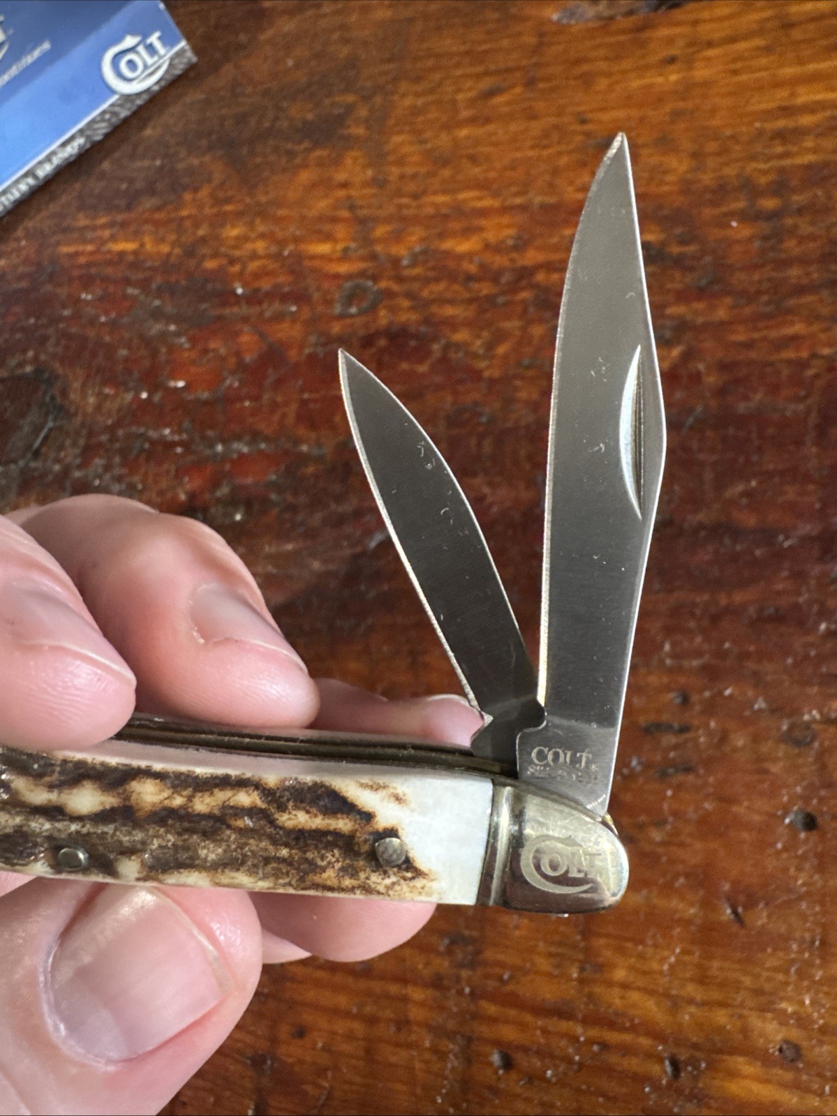 Colt Thick Stag Handled Peanut Knife. By United Cutlery. Two Bladed Knife