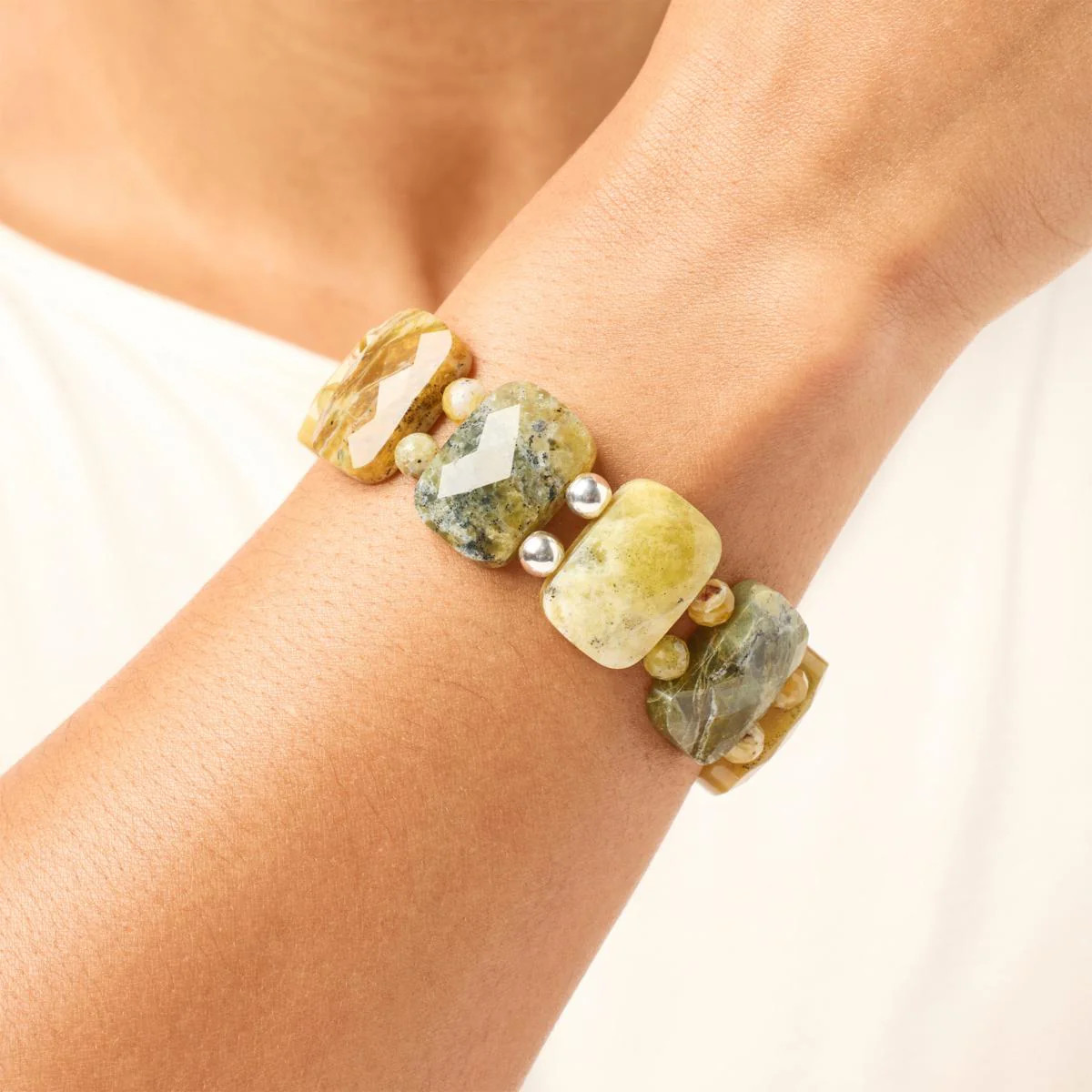 Jay King Sterling Silver Multicolor Yellow Opal Bead Stretch Bracelet