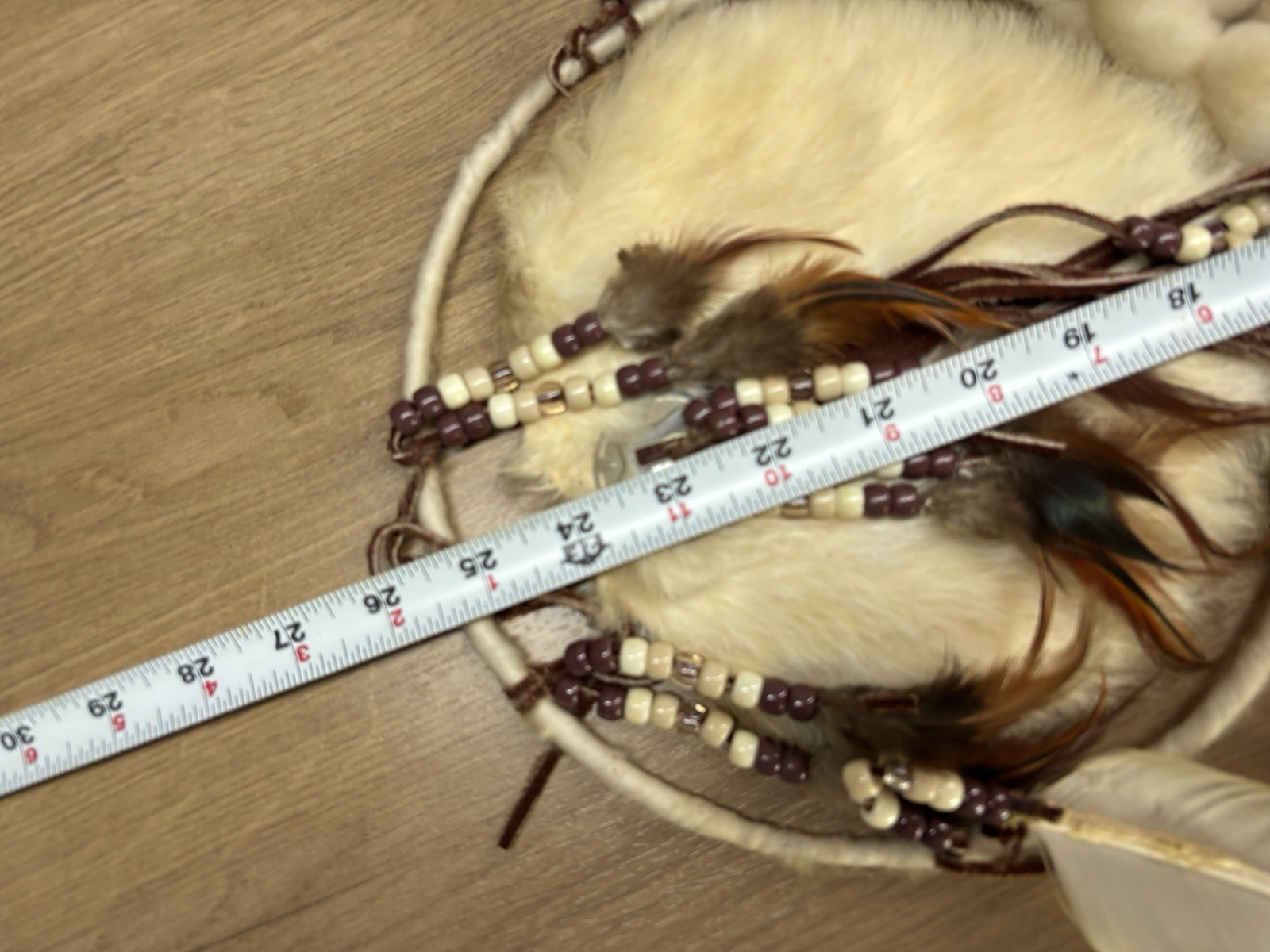 Vintage Native American Mandala Dream Catcher Fur Wool Feathers Beaded Large 25”
