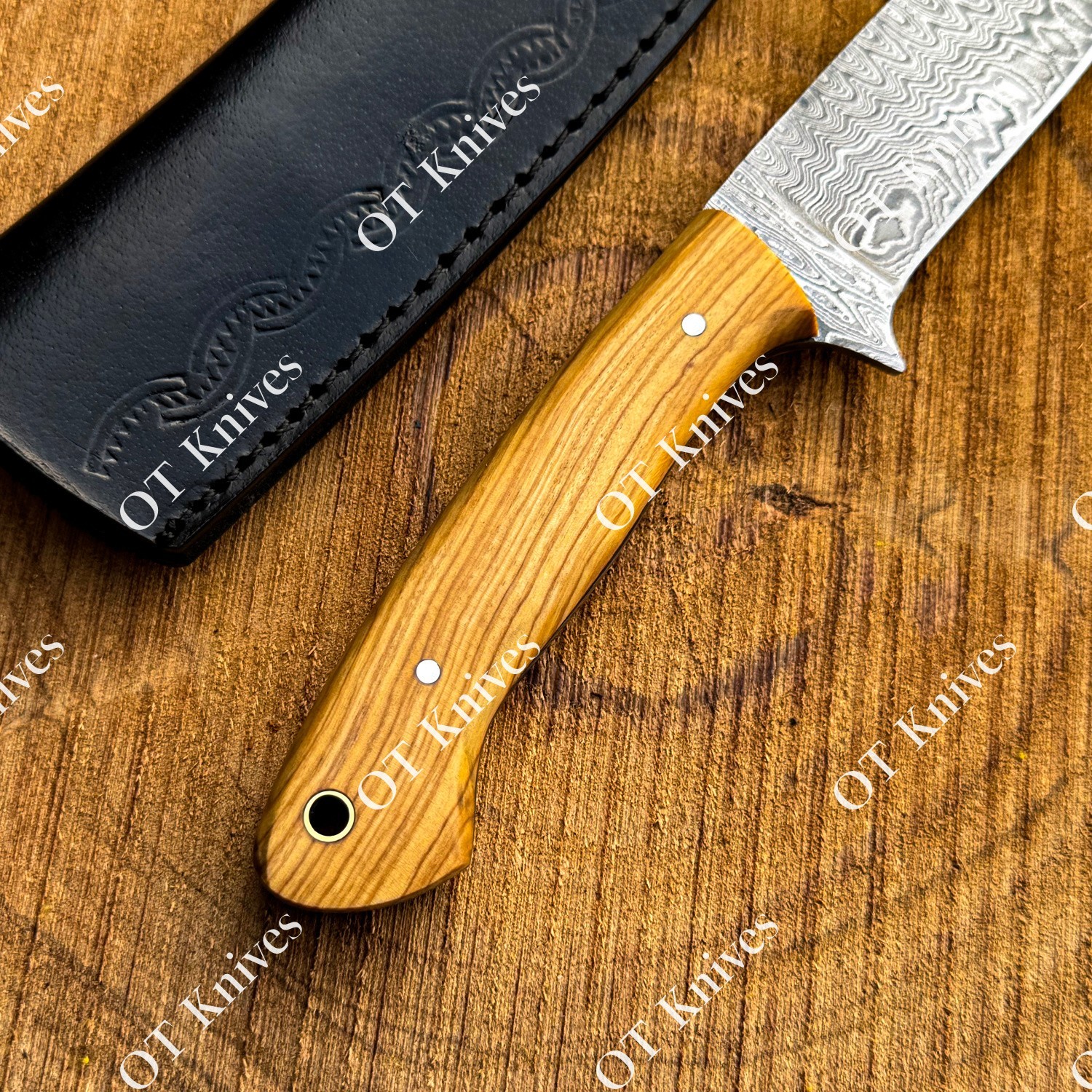 10″ Fixed Blade Damascus Steel Hunting Knife Olive Wood Ergonomic Handle Sheath