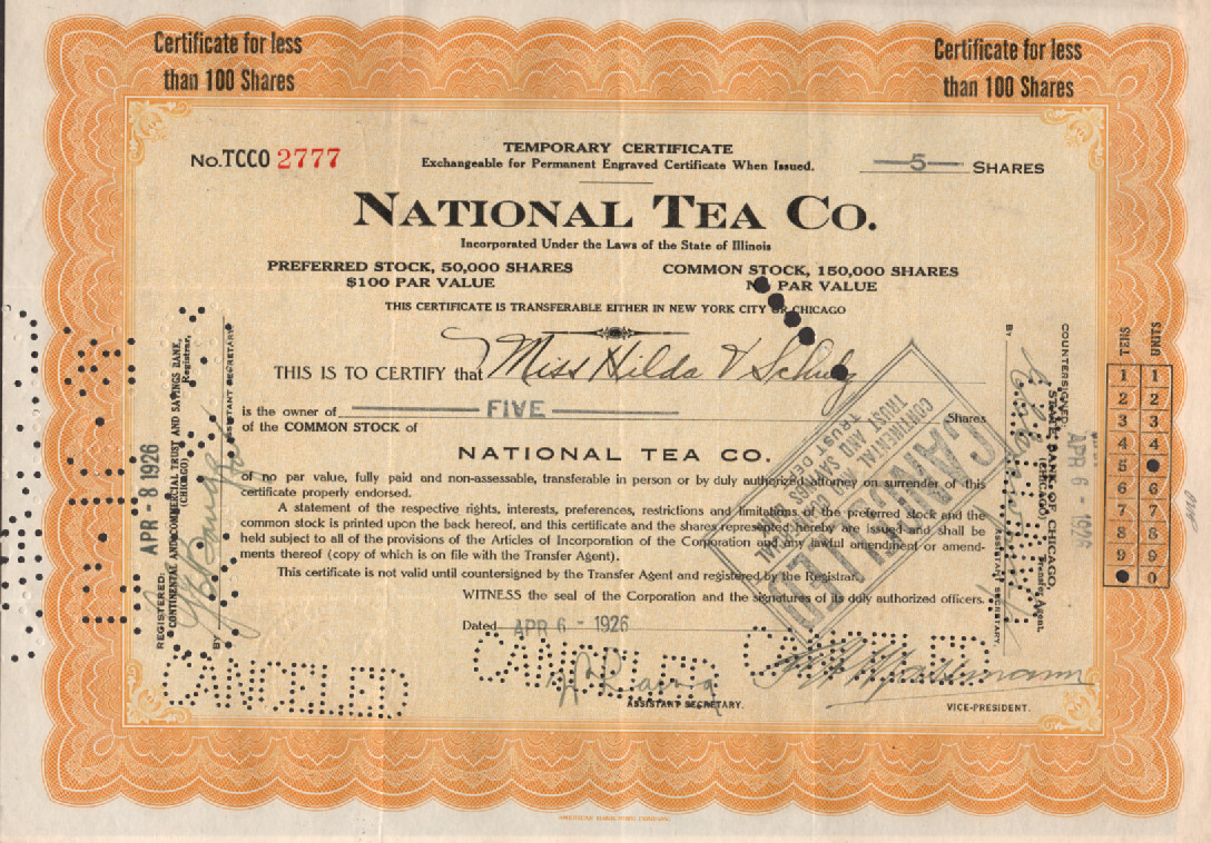 National Tea Co. – Original Stock Certificate – 1926 – TCCO2777