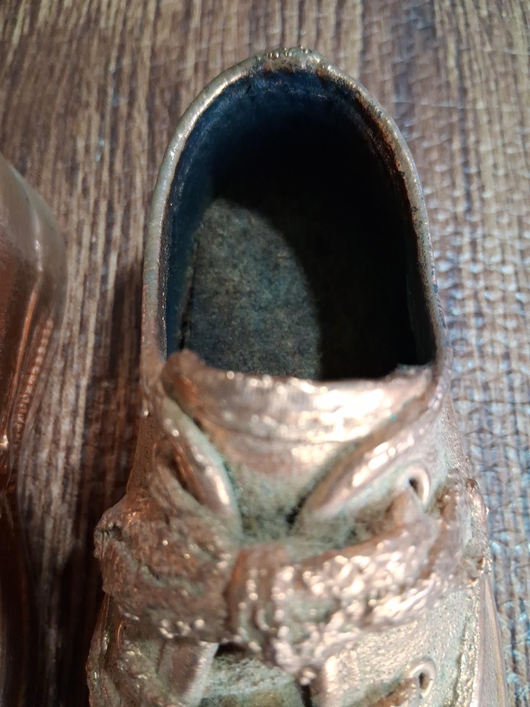 Pair Of Antique Bronzed Copper Dipped Lace Up Baby Shoes Primitive Decor