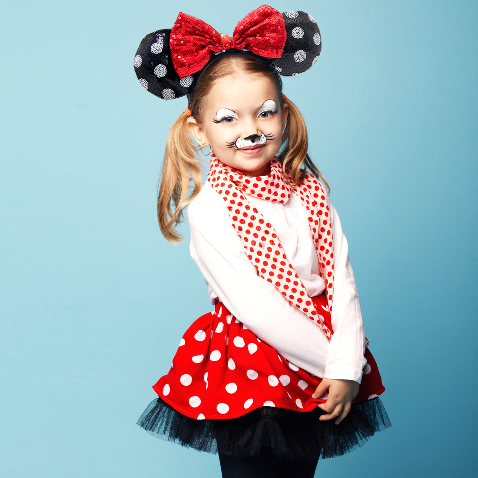Disney- Parks Minnie Ears Black White Polka Dot Sequin Red Bow Classic Headband