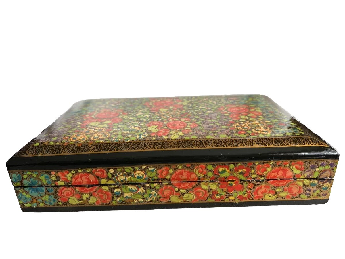 Kashmir Art Paper hand painted Large Flower Jewelry Box For Sale