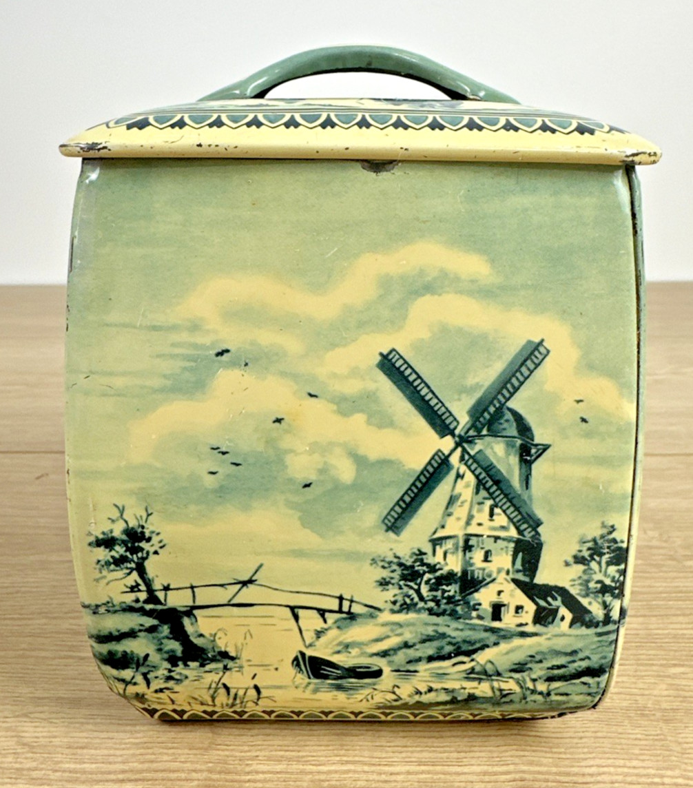 Vintage Royal Verkade Delft Blue Windmill Sailboat Humidor Biscuit Tin Canister