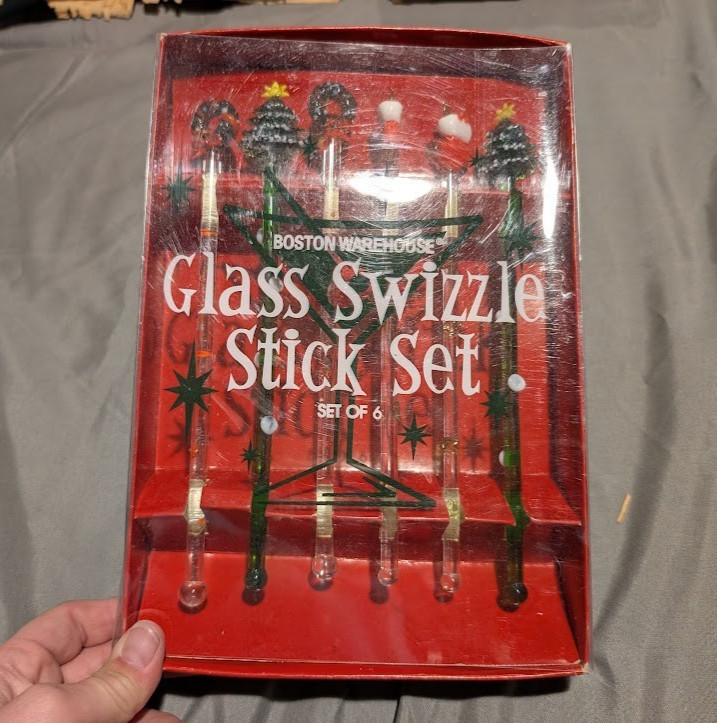 Vintage Christmas Glass Swizzle Sticks Boston Warehouse Set of (6) 2002