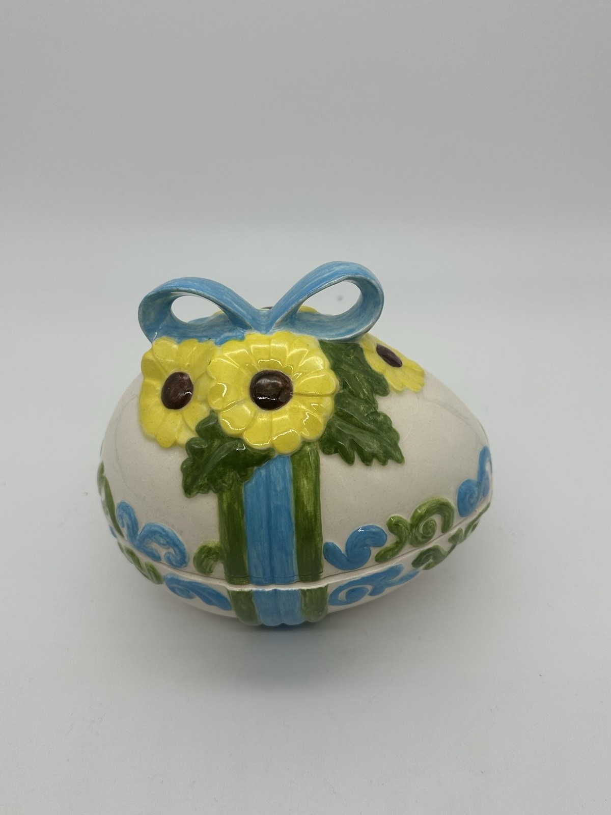 Hand Painted White Ceramic Egg Trinket Box Small Floral Bow Easter Decor Art 6×5