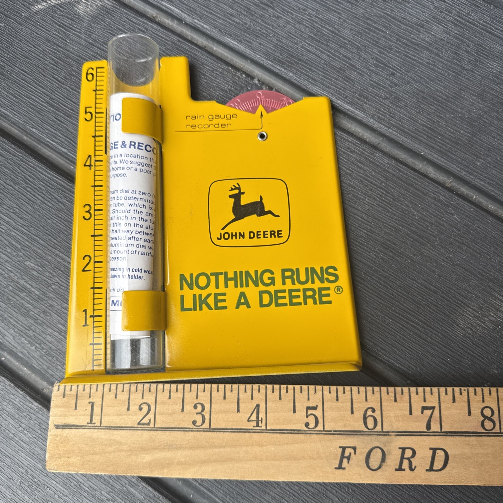 Vintage JOHN DEERE Advertising METAL RAIN GAUGE Nos! Nothing Runs Like A Deere
