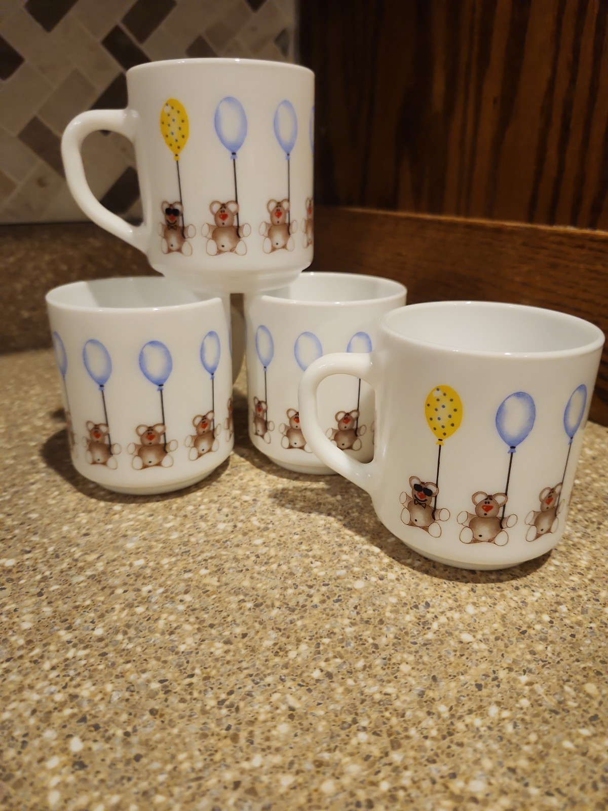 Vtg Arcopal France Milk Glass Coffee Mug Set 4 Teddy Bear Balloons Sunglasse EUC
