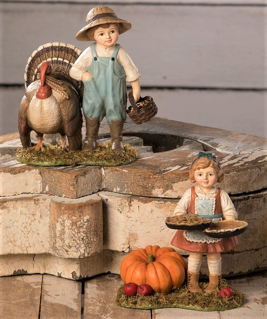 Bethany Lowe Timmy Turkey Feeder & Patty Pie Maker Figurines ~~ Set of 2 ~~