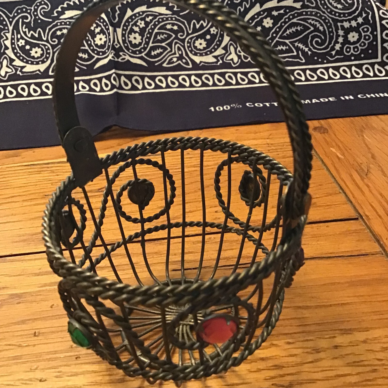 Vintage Basket Metal Work Wire Ornate Moving Handle Jewels Small Accent 3x5in AA