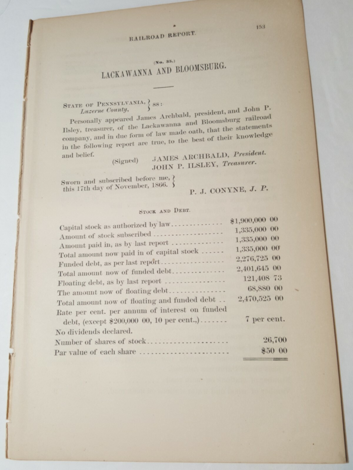 1866 train document LACKAWANNA & BLOOMSBURG RAILROAD Scranton Northumberland PA