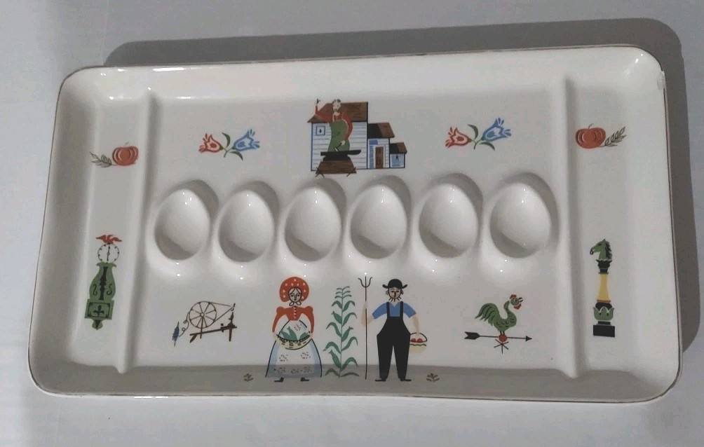 Royal Sealy Serving Tray Folk Rustic Art, 6 Egg Tray 15.5×13, Made In Japan VTG