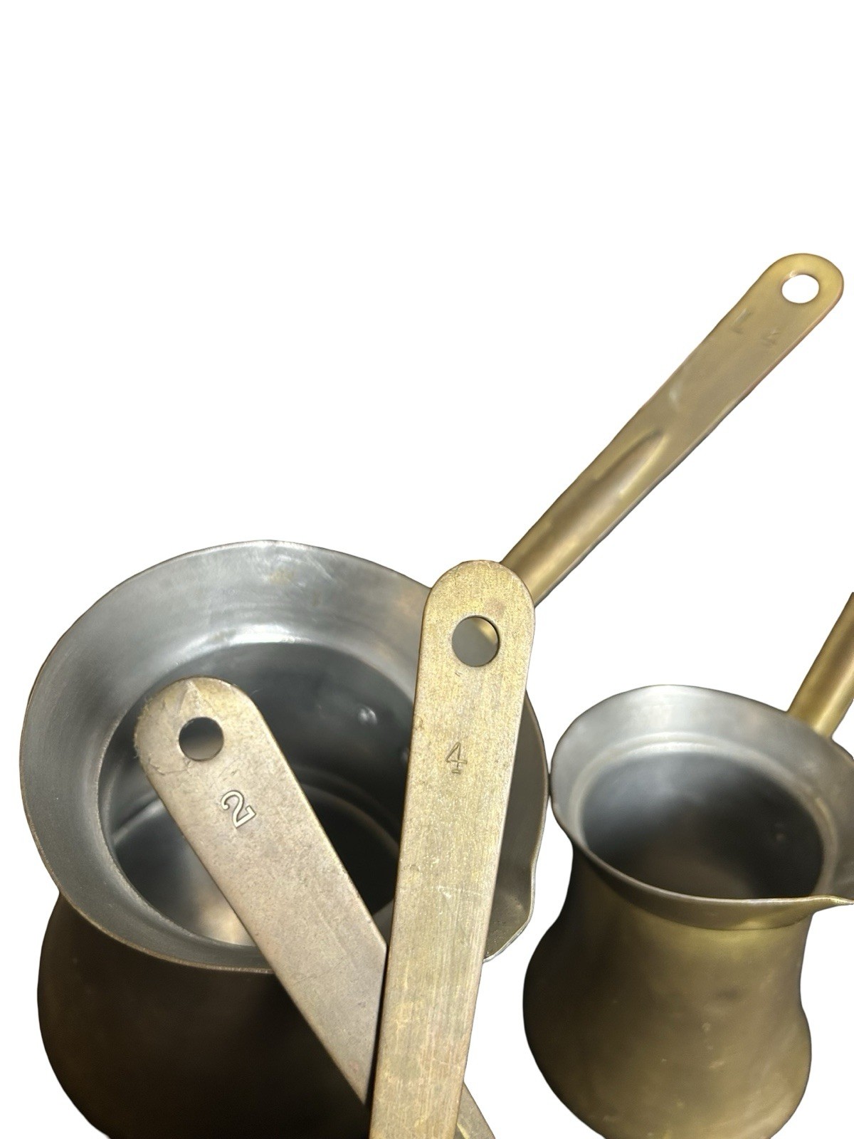 Lot of 4 Brass Middle Eastern Turkish Coffee Cezves Variety Of Sizes READ DESCR.