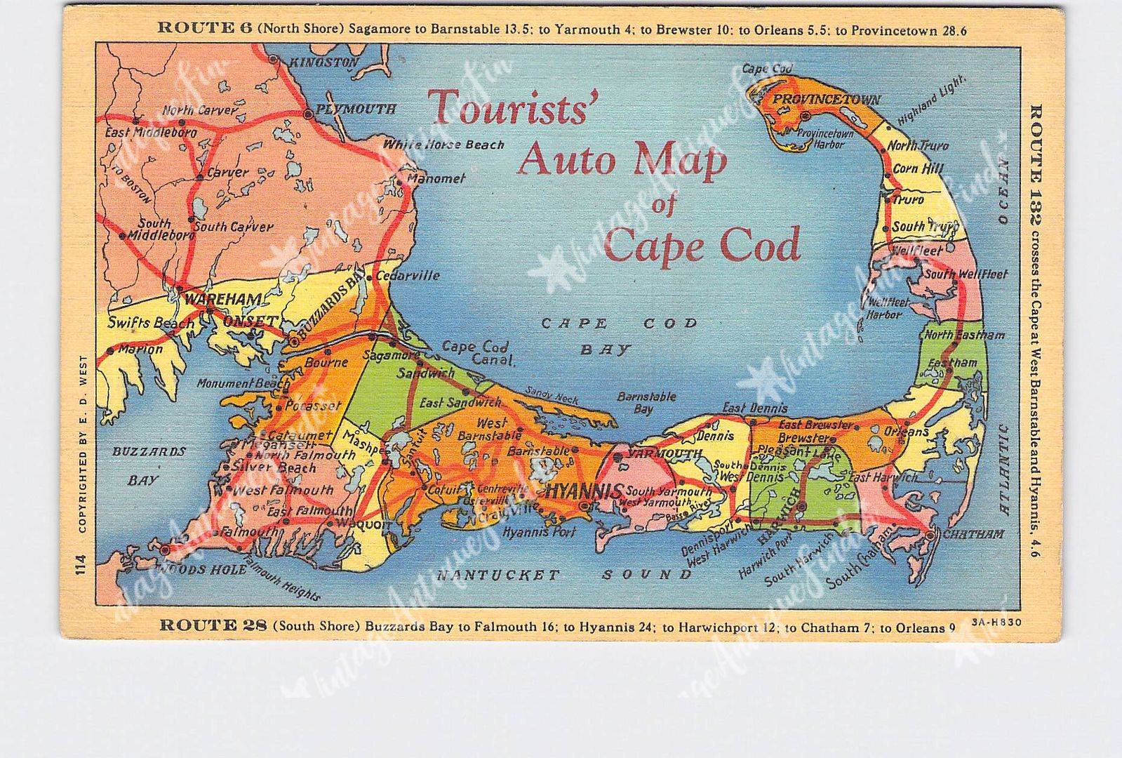 PPC Postcard MA Massachusetts Cape Cod Tourist’ Auto Map Route 6, 28, 132 Info C