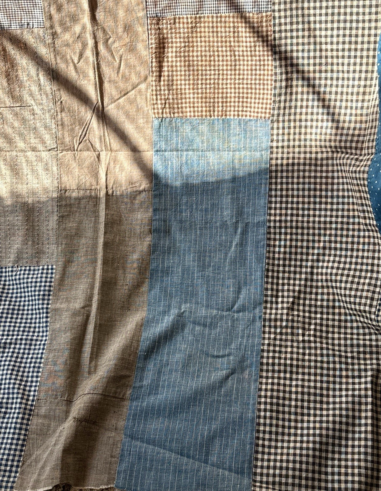 Antique Patchwork Calico Homespun Work Wear Cotton Quilt Top ~ Indigo Blue Brown
