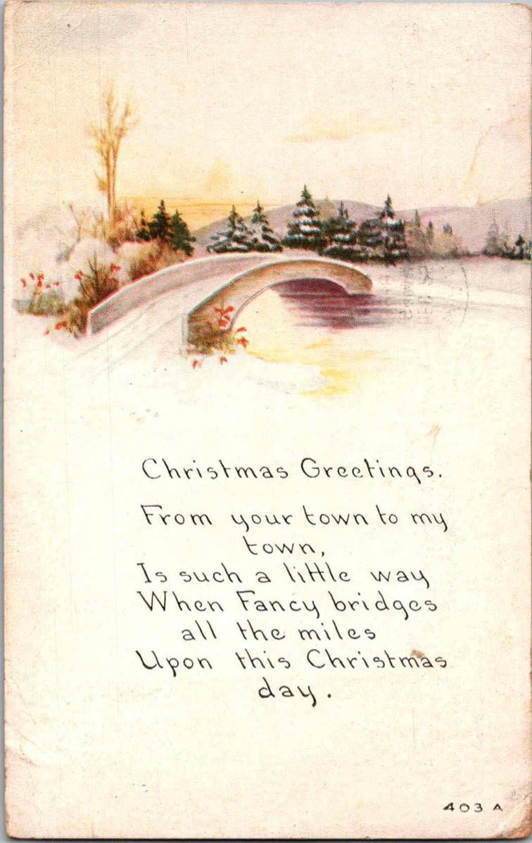 Christmas Greetings Winter Bridge Scene Postcard