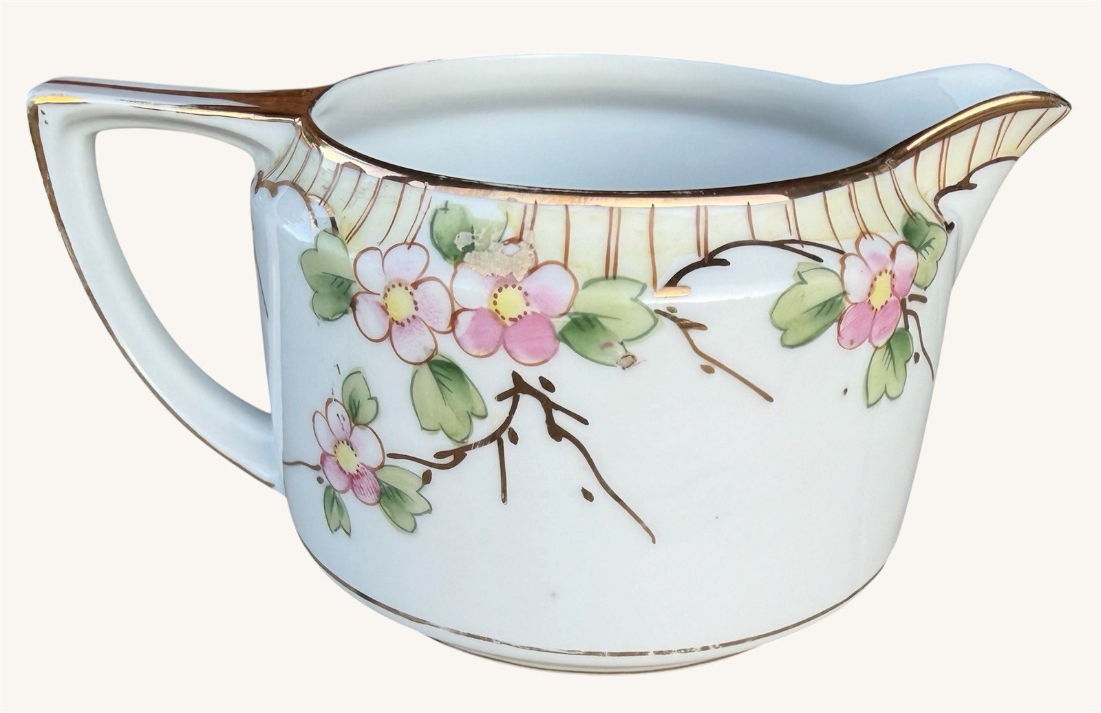 Antique Porcelain Creamer Japanese Style Hand Painted Pink Cherry Blossoms Pink
